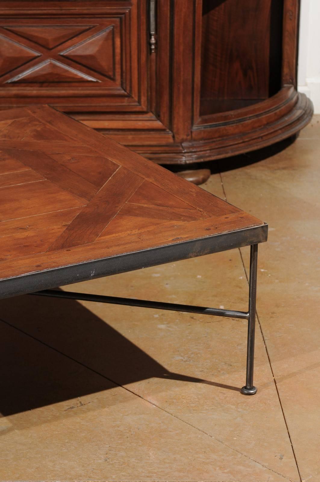French Coffee Table with 19th Century Parquet Versailles Top on Custom Iron Base 2