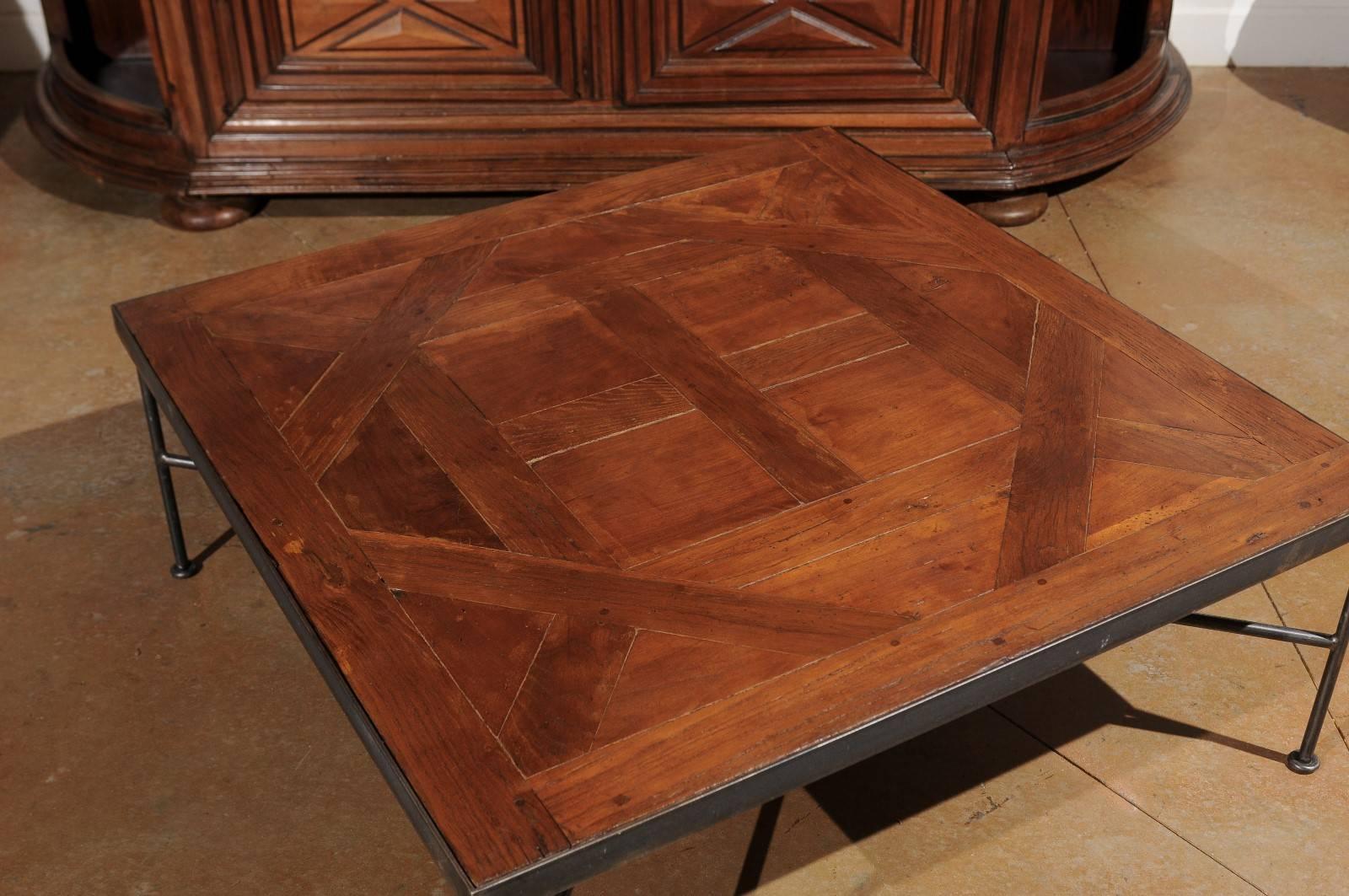 French Coffee Table with 19th Century Parquet Versailles Top on Custom Iron Base 3