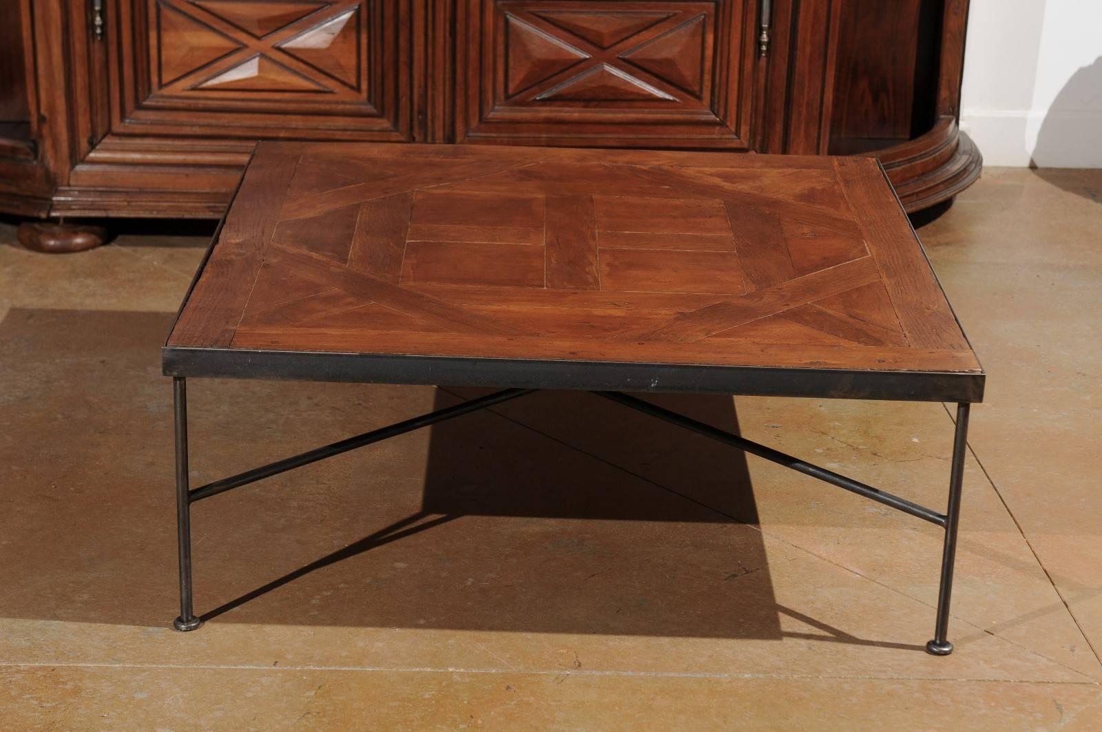 French Coffee Table with 19th Century Parquet Versailles Top on Custom Iron Base 4