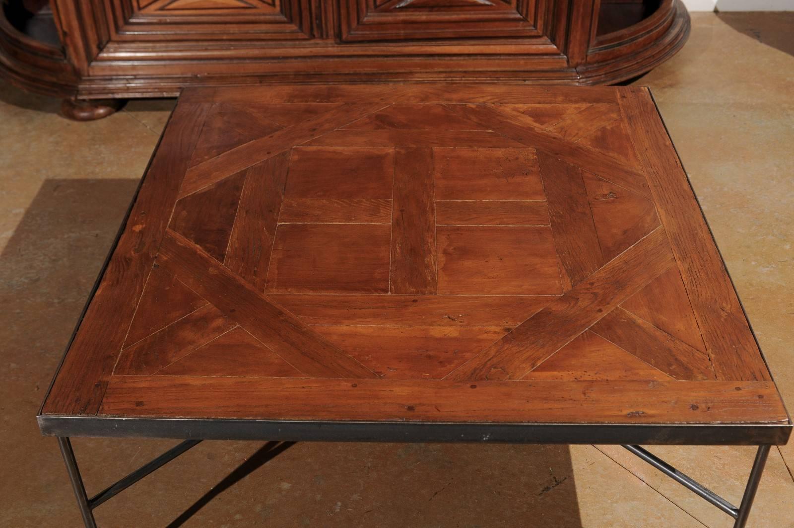 French Coffee Table with 19th Century Parquet Versailles Top on Custom Iron Base 5