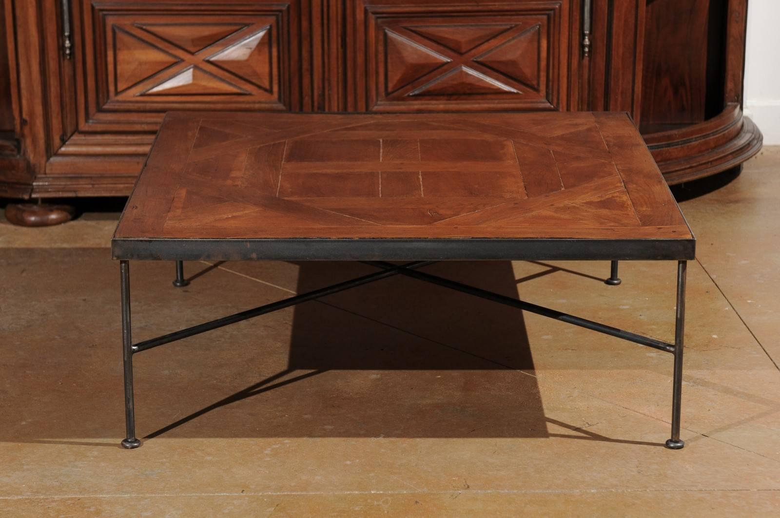 French Coffee Table with 19th Century Parquet Versailles Top on Custom Iron Base 6