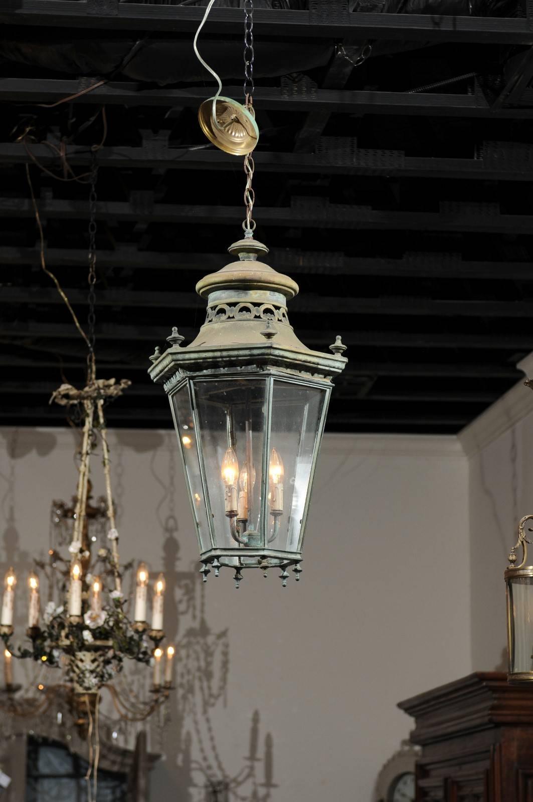 French Hexagonal Verdigris Bronze Three-Light Hanging Lantern, circa 1880 In Good Condition In Atlanta, GA