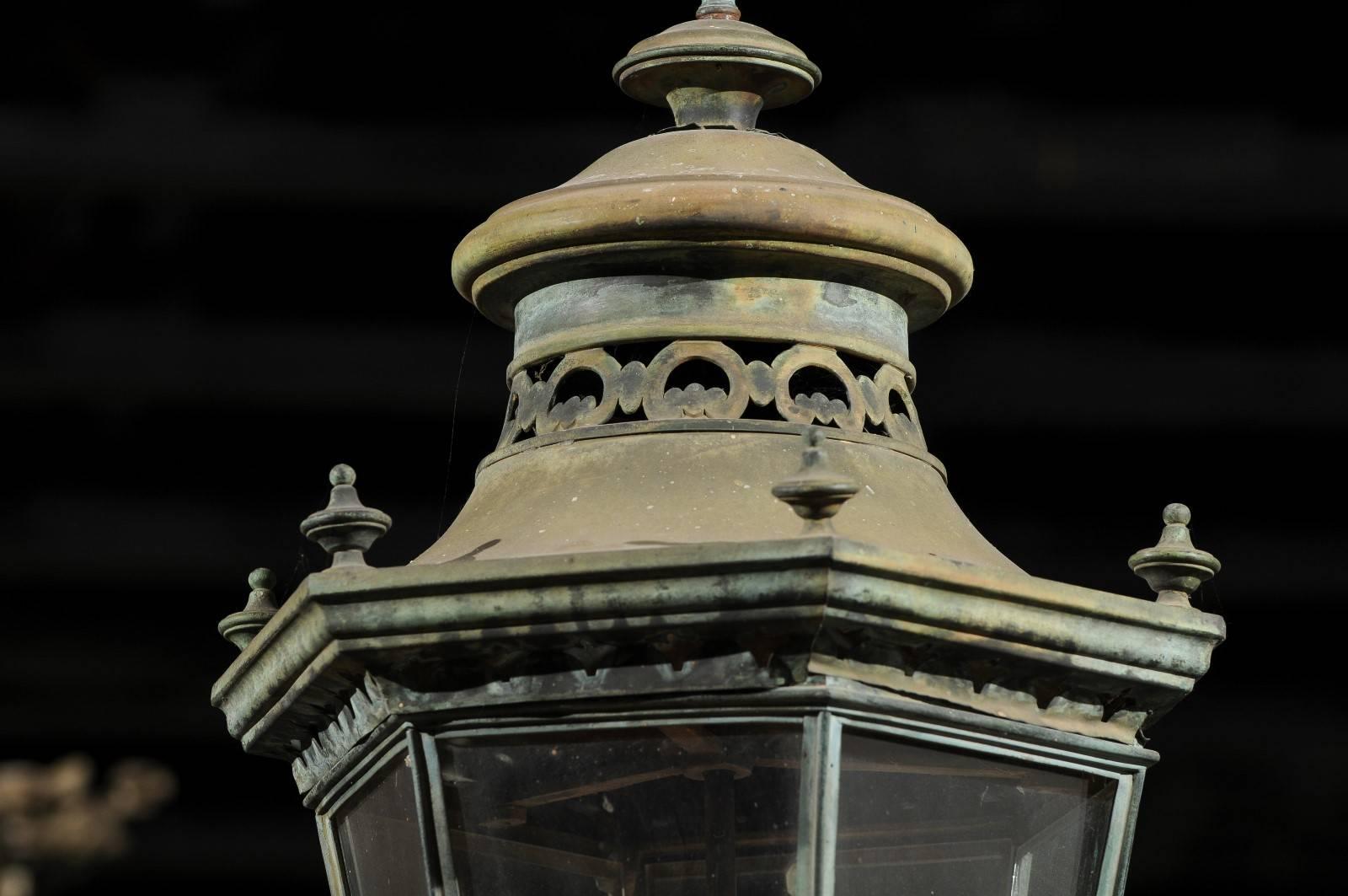 19th Century French Hexagonal Verdigris Bronze Three-Light Hanging Lantern, circa 1880