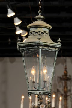 French Hexagonal Verdigris Bronze Three-Light Hanging Lantern, circa 1880