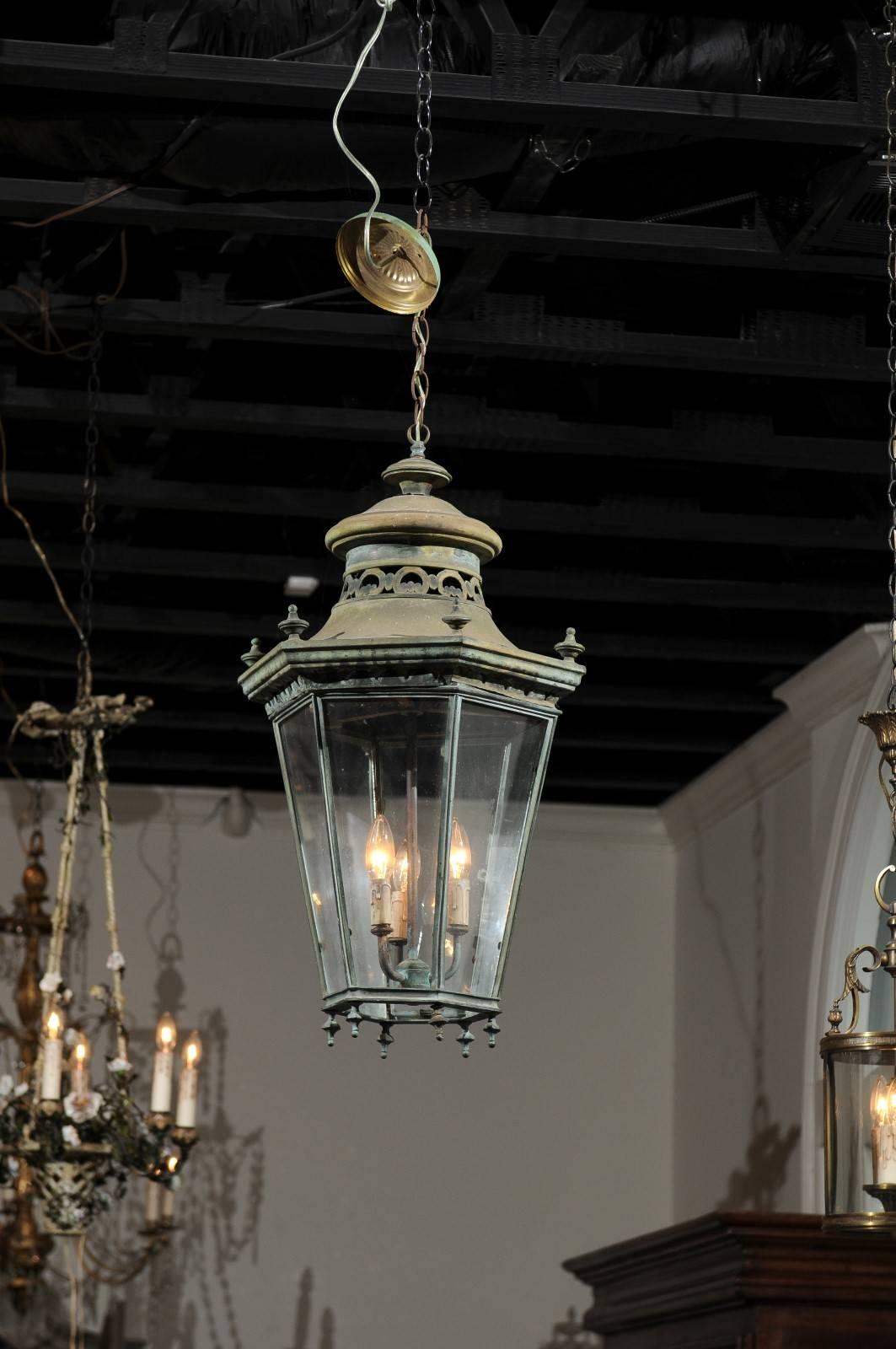 French Hexagonal Verdigris Bronze Three-Light Hanging Lantern, circa 1880 5