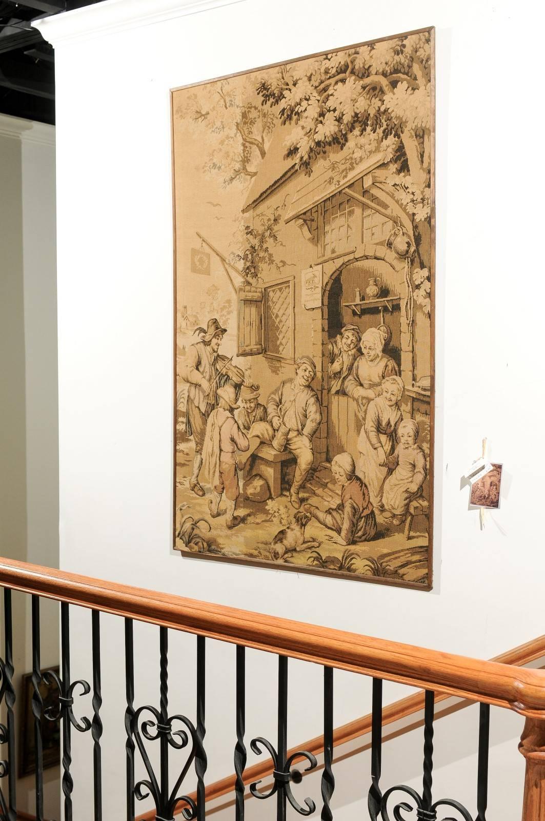 19th Century Vertical Format Tapestry Depicting a French Provincial Village Fête In Good Condition In Atlanta, GA