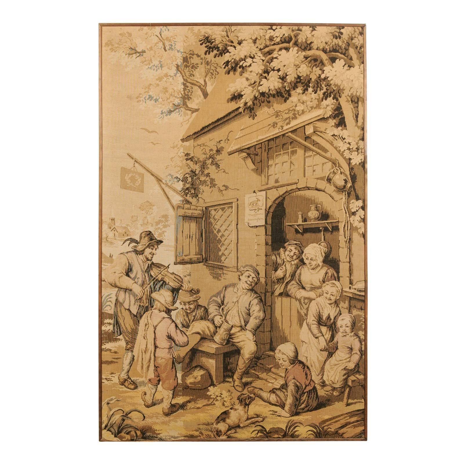 19th Century Vertical Format Tapestry Depicting a French Provincial Village Fête