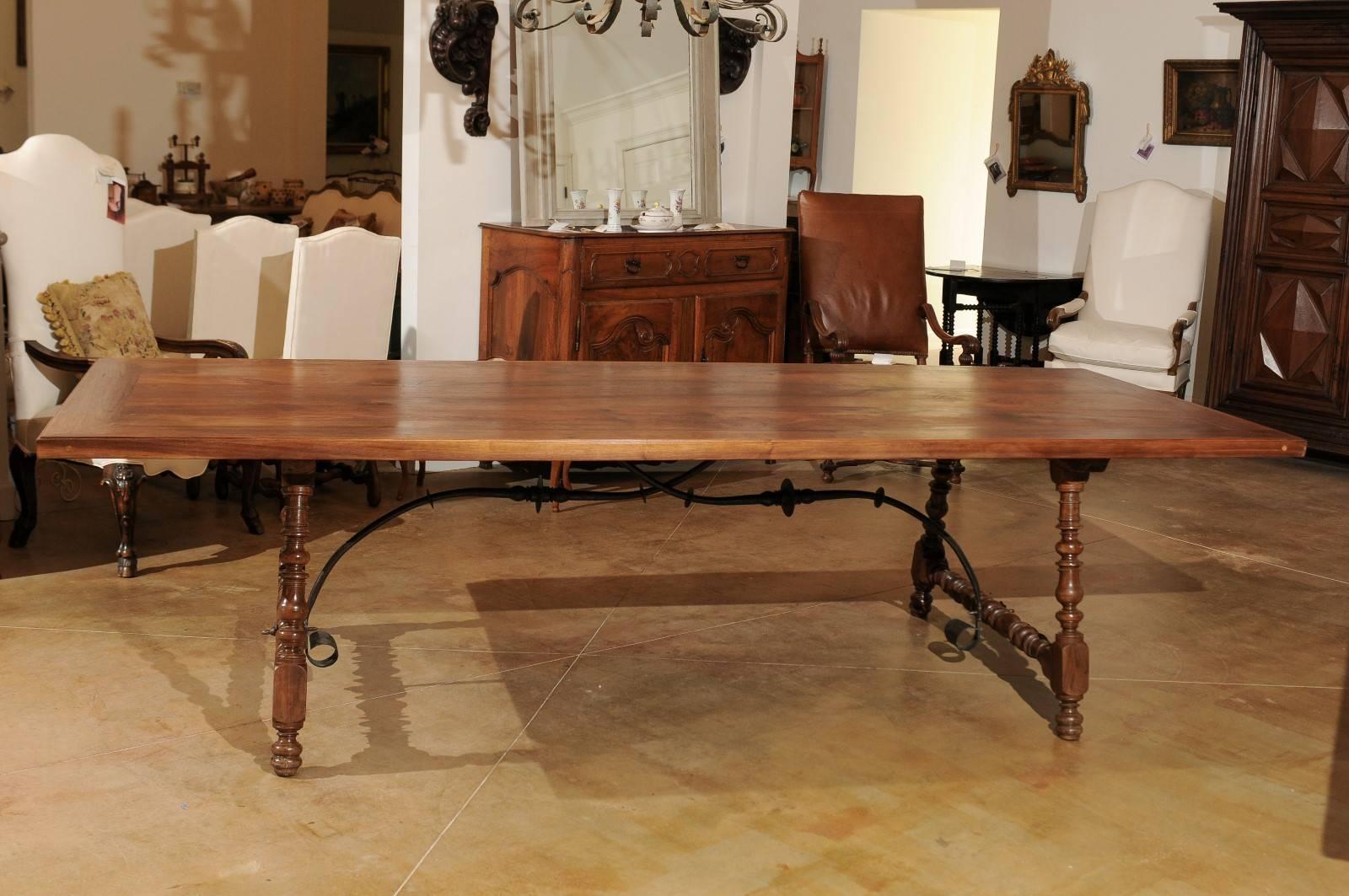 Spanish 18th Century Walnut Fratino Table with Turned Legs and Iron Stretcher 1