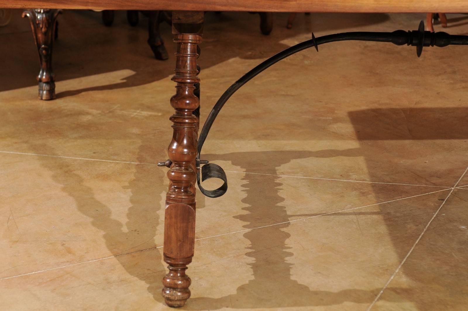 Spanish 18th Century Walnut Fratino Table with Turned Legs and Iron Stretcher 2