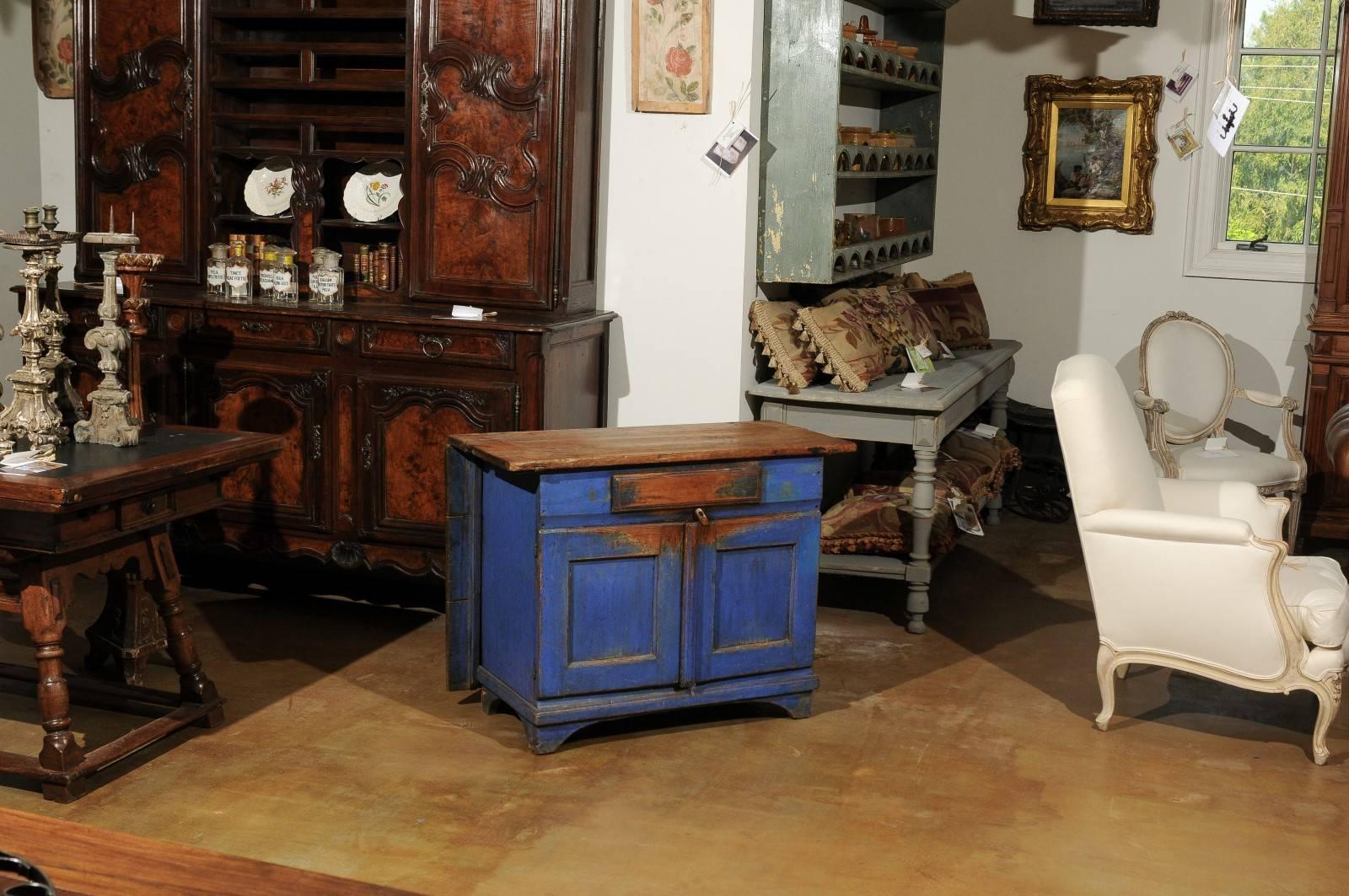 Hand-Painted Swedish Blue Painted Buffet with Drop-Leaf Table Attached, Circa 1858