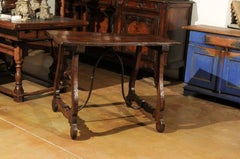 Italian 1780s Baroque Walnut Fratino Table with Iron Stretcher and Lyre Legs