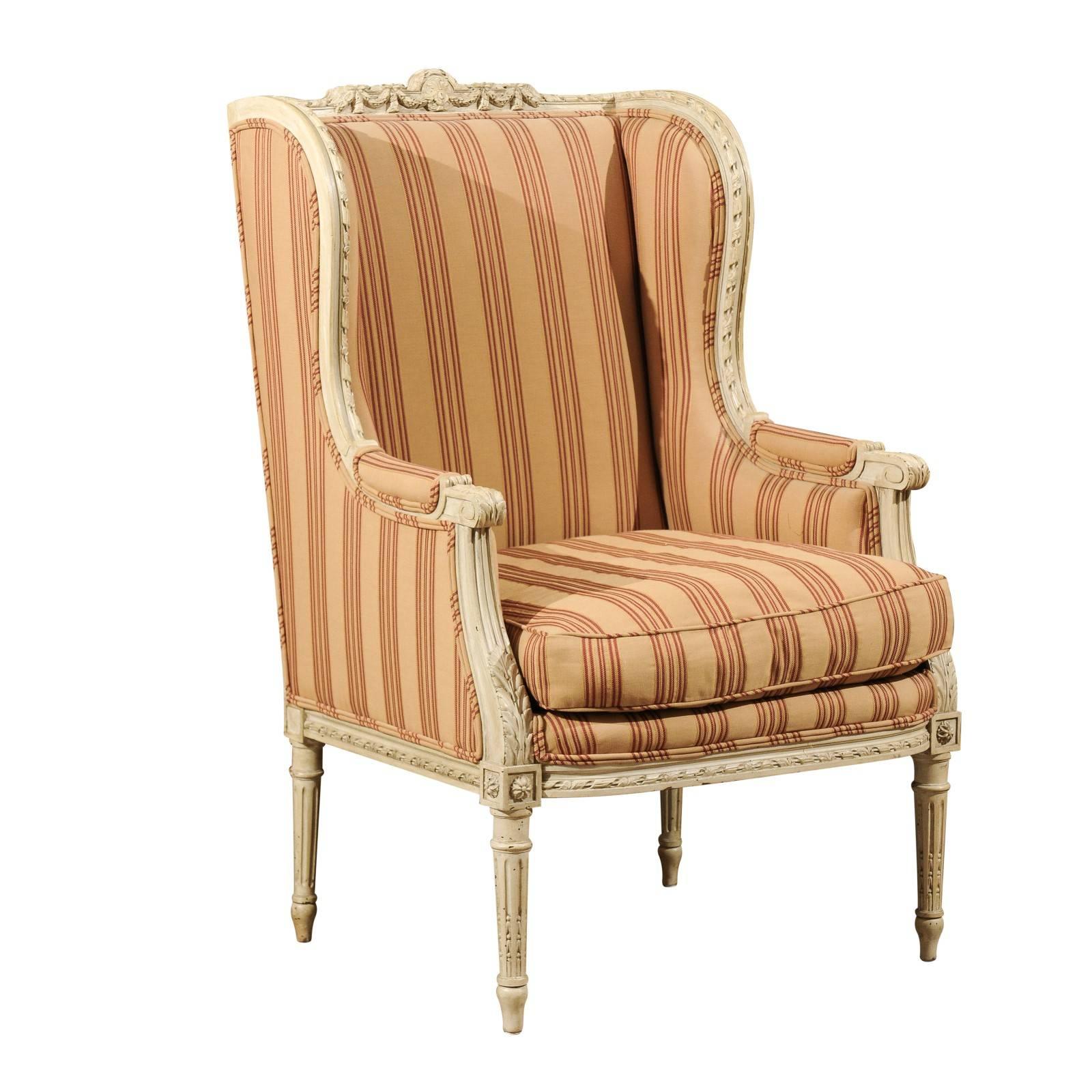 French Louis XVI Style Painted Wood Upholstered Wingback Chair, circa 1880
