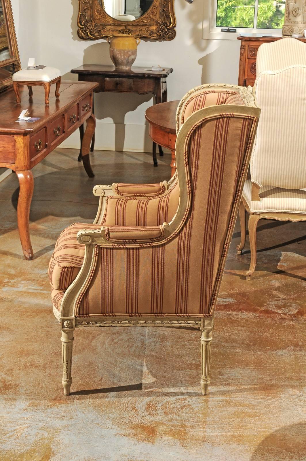 French Louis XVI Style Painted Wood Upholstered Wingback Chair, circa 1880 4