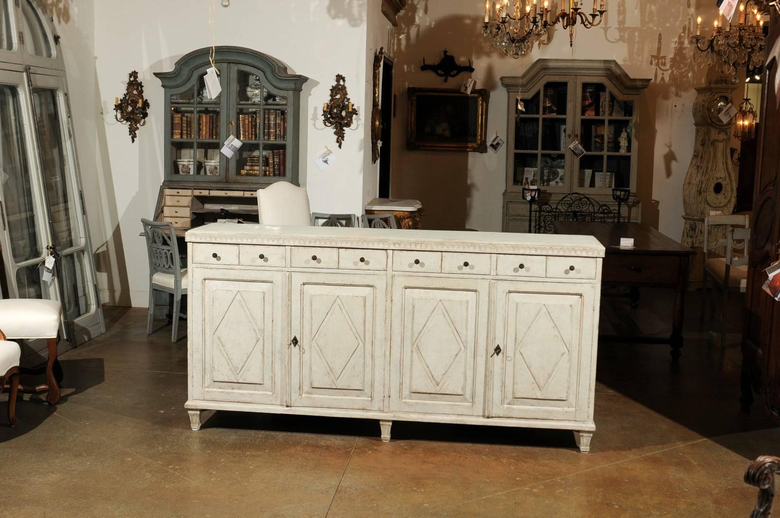 Swedish Gustavian Style Painted 1890s Enfilade with Eight Drawers and Four Doors In Excellent Condition In Atlanta, GA