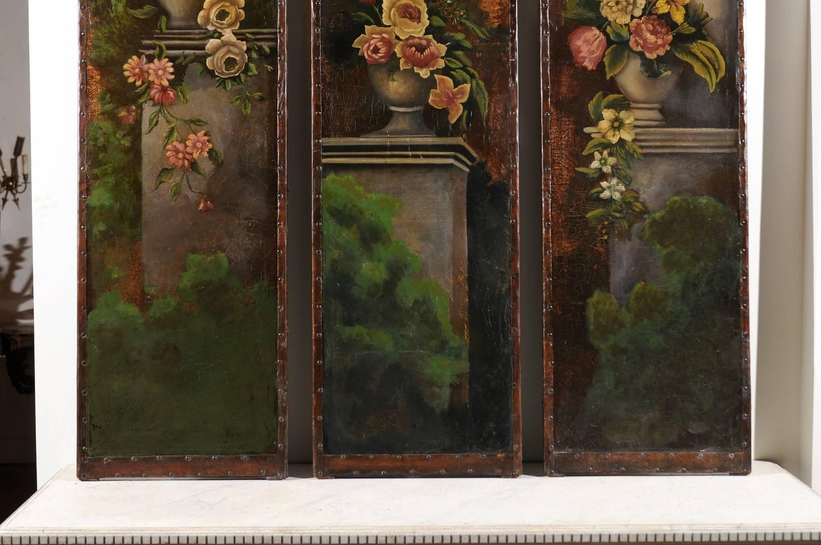 Set of Three English 19th Century Painted Leather Panels with Floral Decor In Good Condition In Atlanta, GA