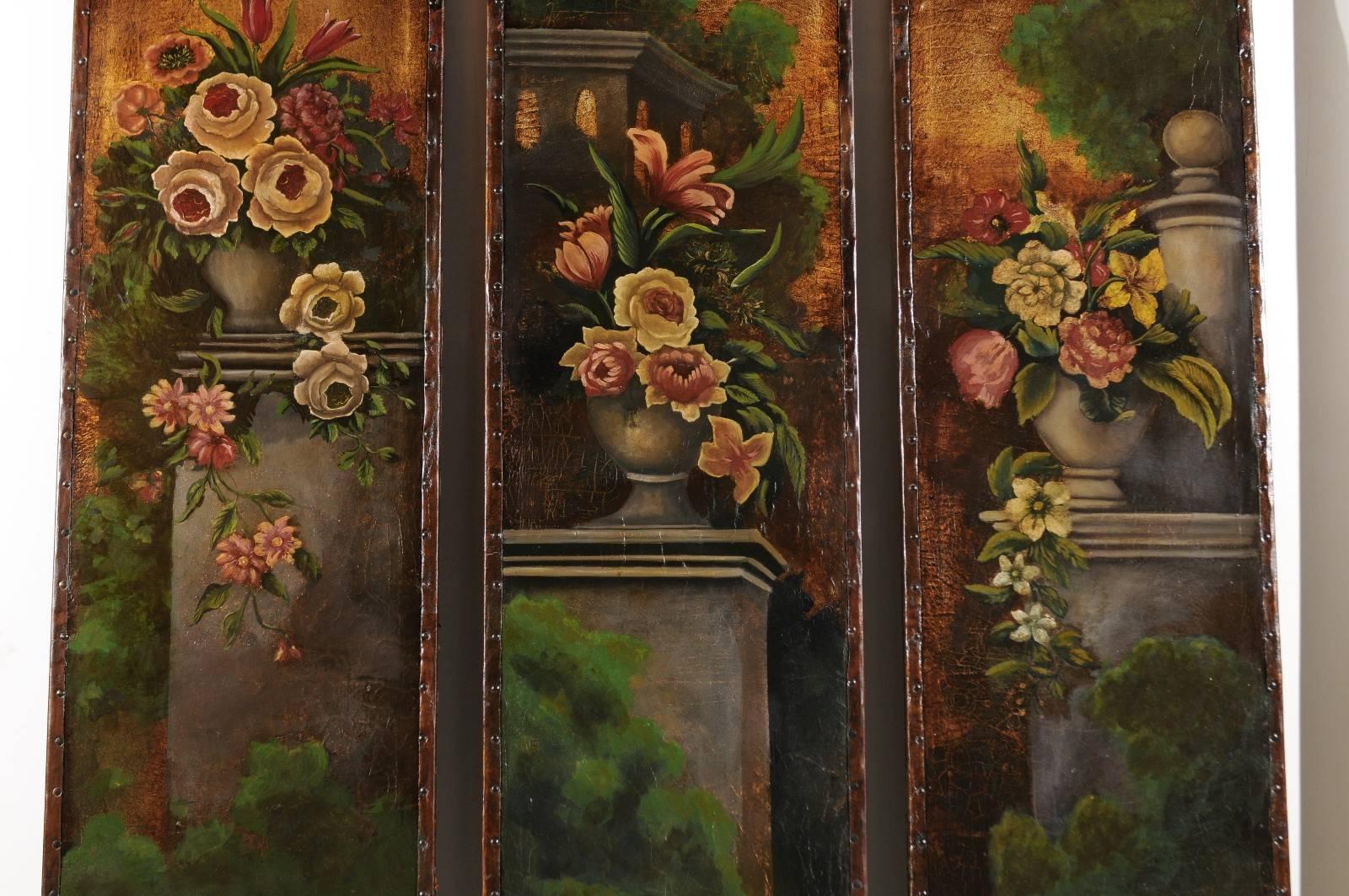 Set of Three English 19th Century Painted Leather Panels with Floral Decor 1