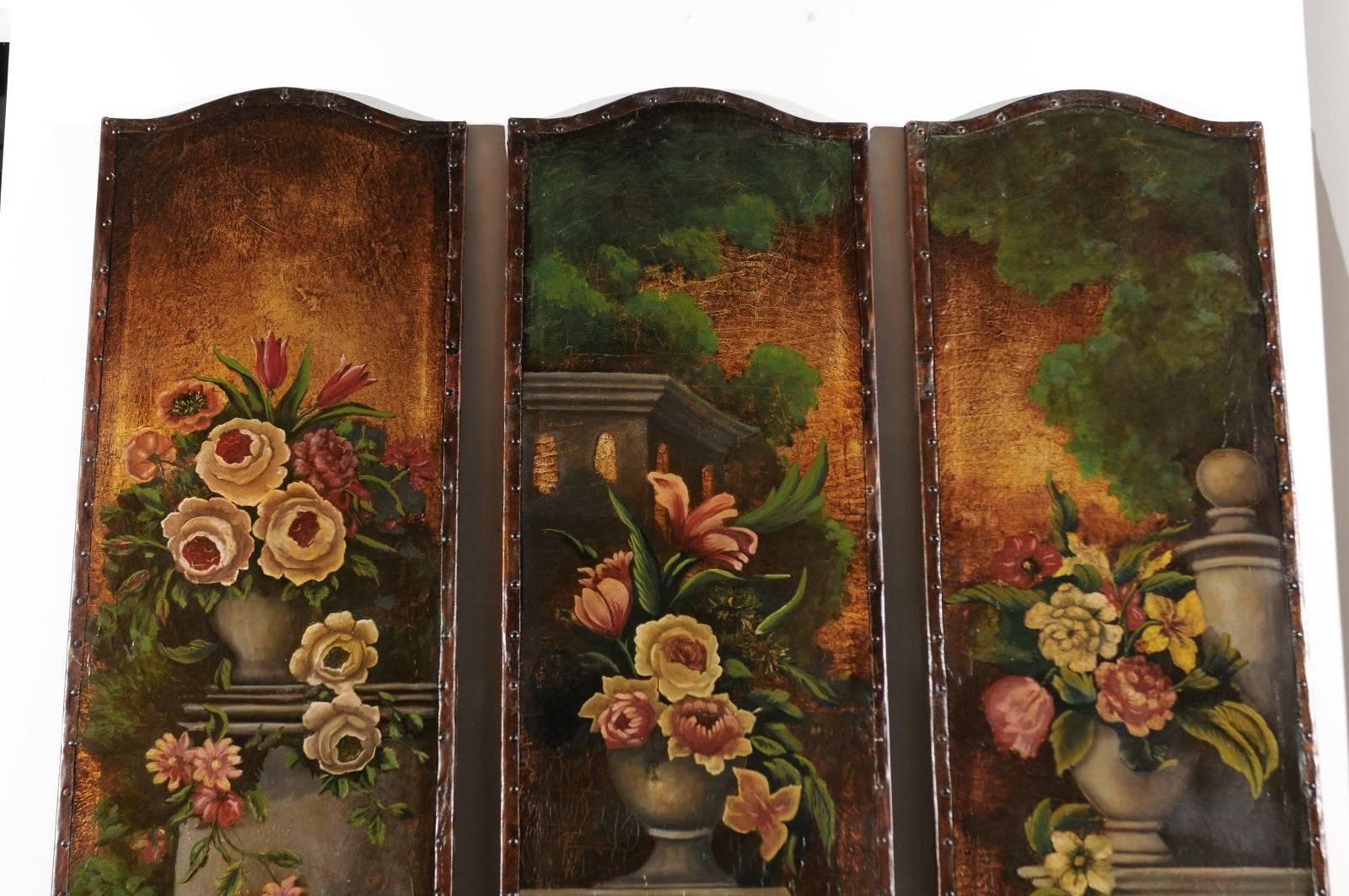 Set of Three English 19th Century Painted Leather Panels with Floral Decor 2
