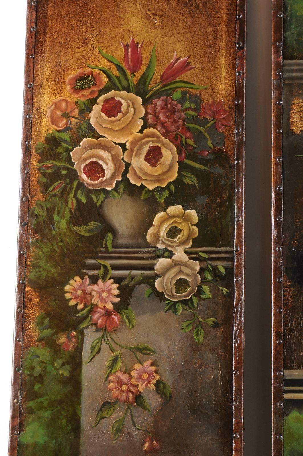 Set of Three English 19th Century Painted Leather Panels with Floral Decor 3