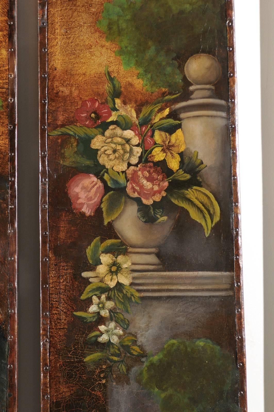 Set of Three English 19th Century Painted Leather Panels with Floral Decor 5