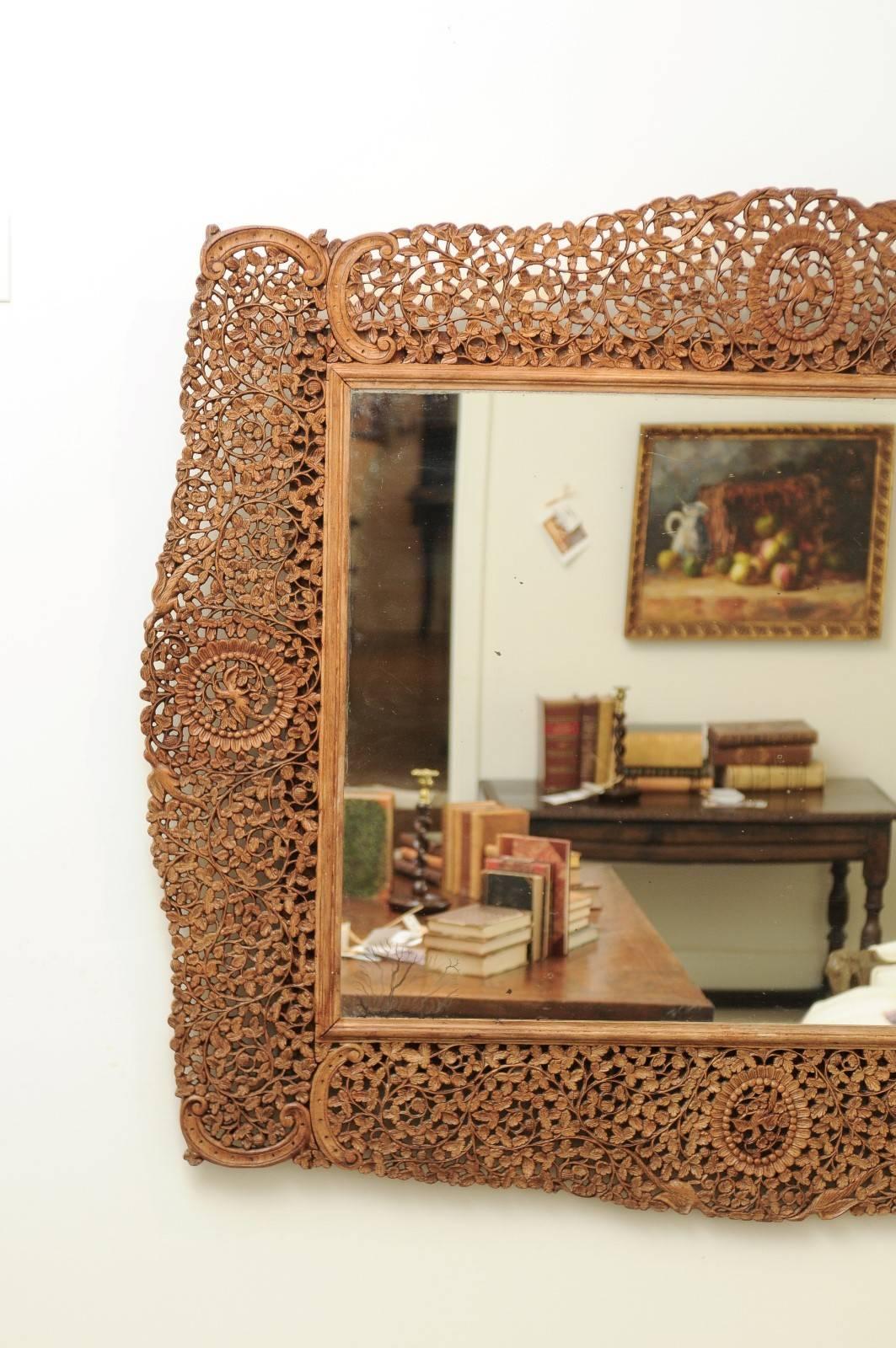 1840s Burmese Carved Wood Openwork Mirror with Rinceaux and Bird Motifs In Good Condition In Atlanta, GA