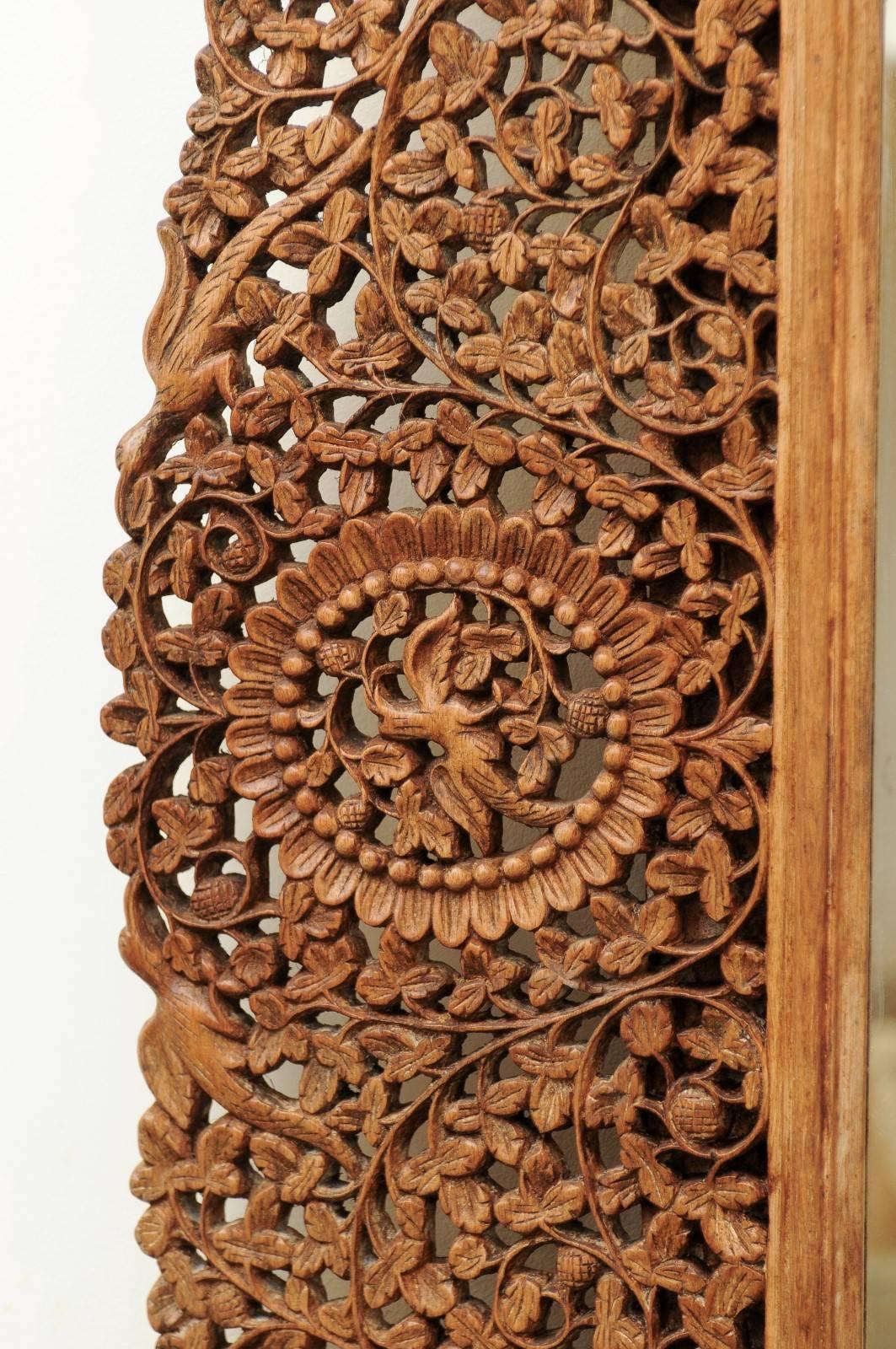 1840s Burmese Carved Wood Openwork Mirror with Rinceaux and Bird Motifs 2