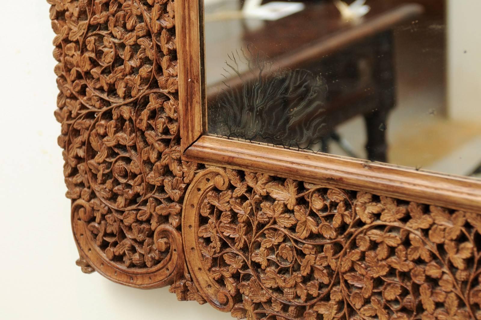 1840s Burmese Carved Wood Openwork Mirror with Rinceaux and Bird Motifs 3
