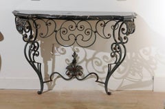 French 1920s Wrought-Iron Console Table with Curvy Base and Black Marble Top