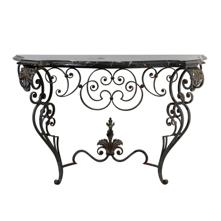 French 1920s Wrought-Iron Console Table with Curvy Base and Black Marble  Top at 1stDibs