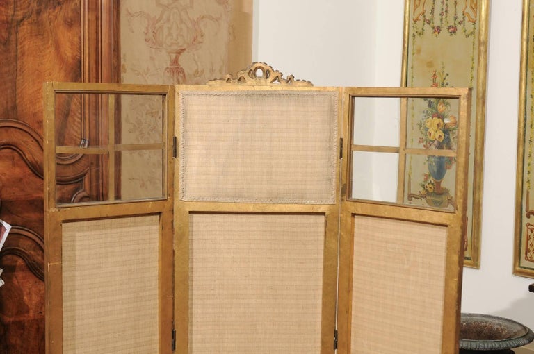 Canvas French Renaissance Revival Folding Three-Panel Screen with Hand-Painted Motifs For Sale