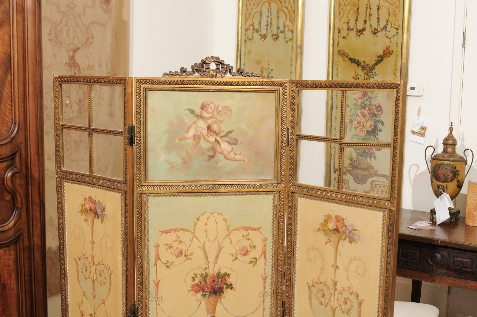 French Renaissance Revival Folding Three-Panel Screen with Hand-Painted Motifs In Good Condition For Sale In Atlanta, GA