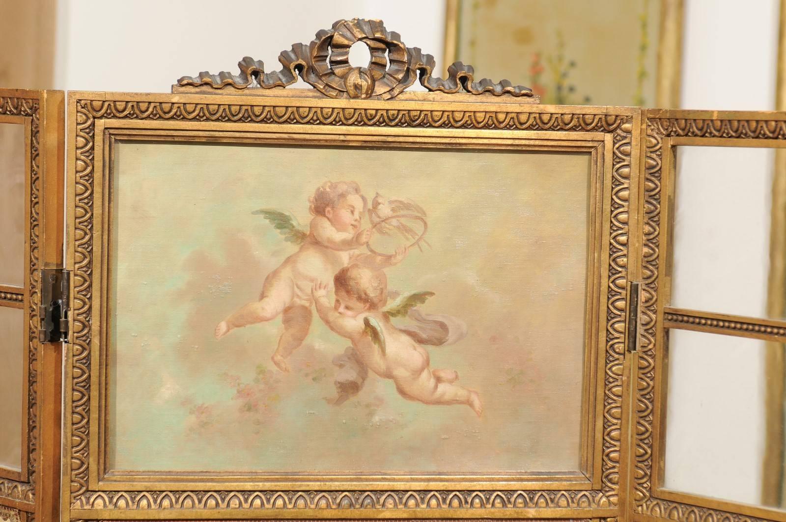 19th Century French Renaissance Revival Folding Three-Panel Screen with Hand-Painted Motifs