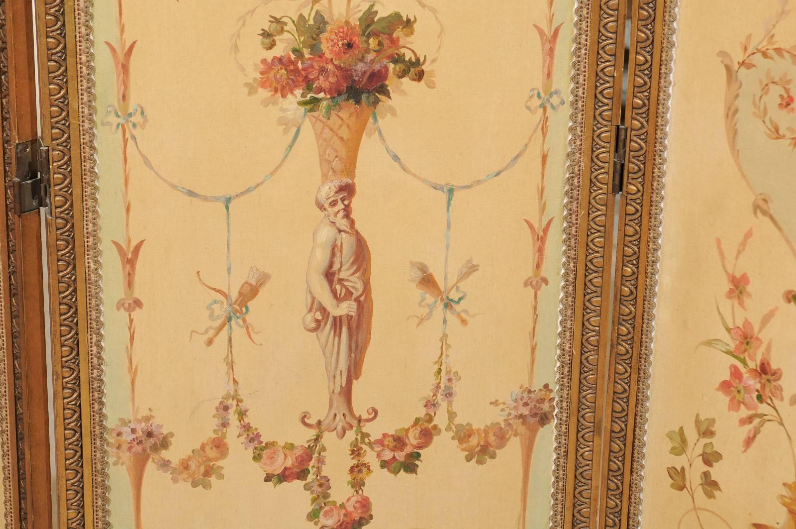 Canvas French Renaissance Revival Folding Three-Panel Screen with Hand-Painted Motifs For Sale