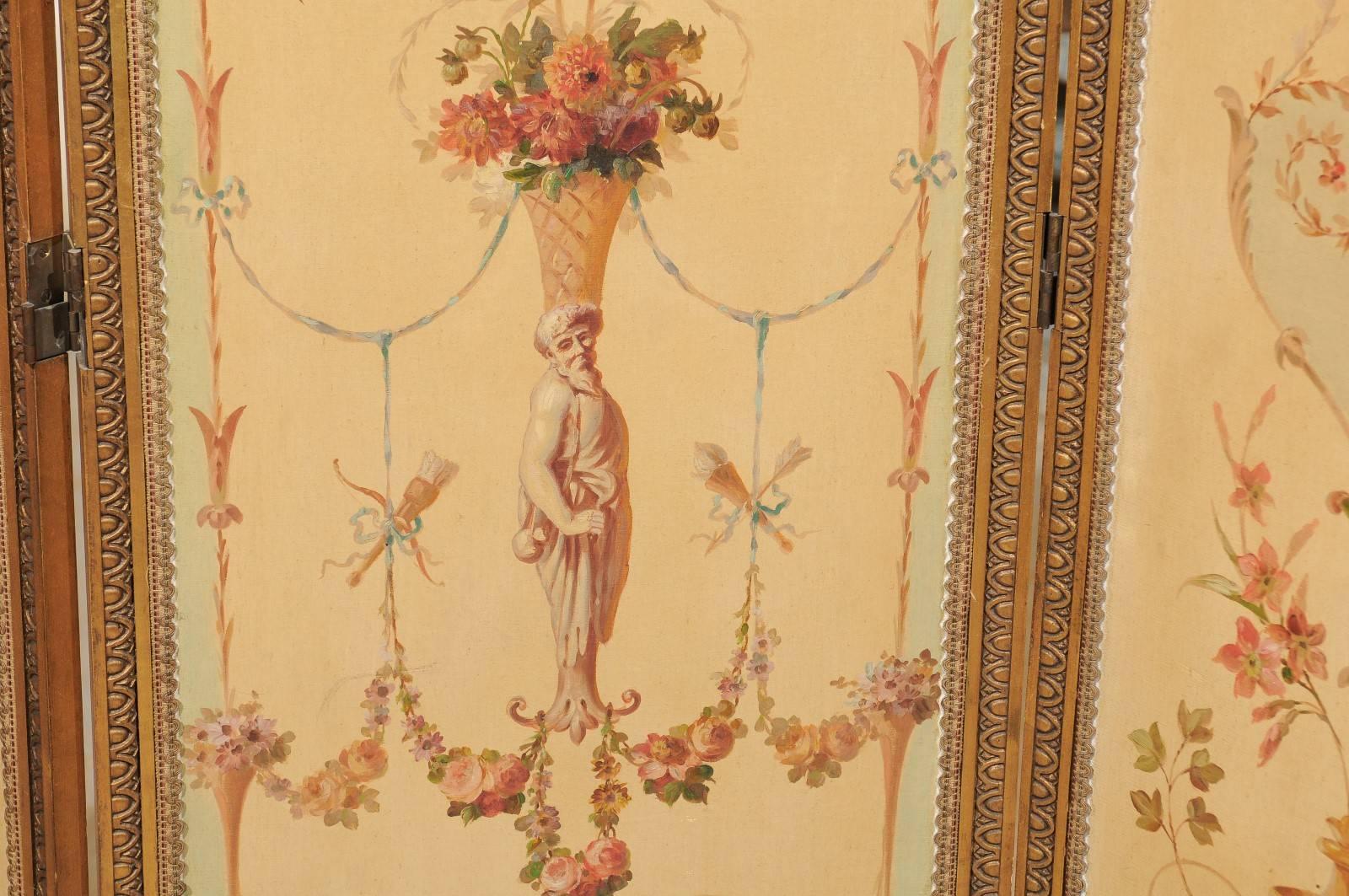 Canvas French Renaissance Revival Folding Three-Panel Screen with Hand-Painted Motifs