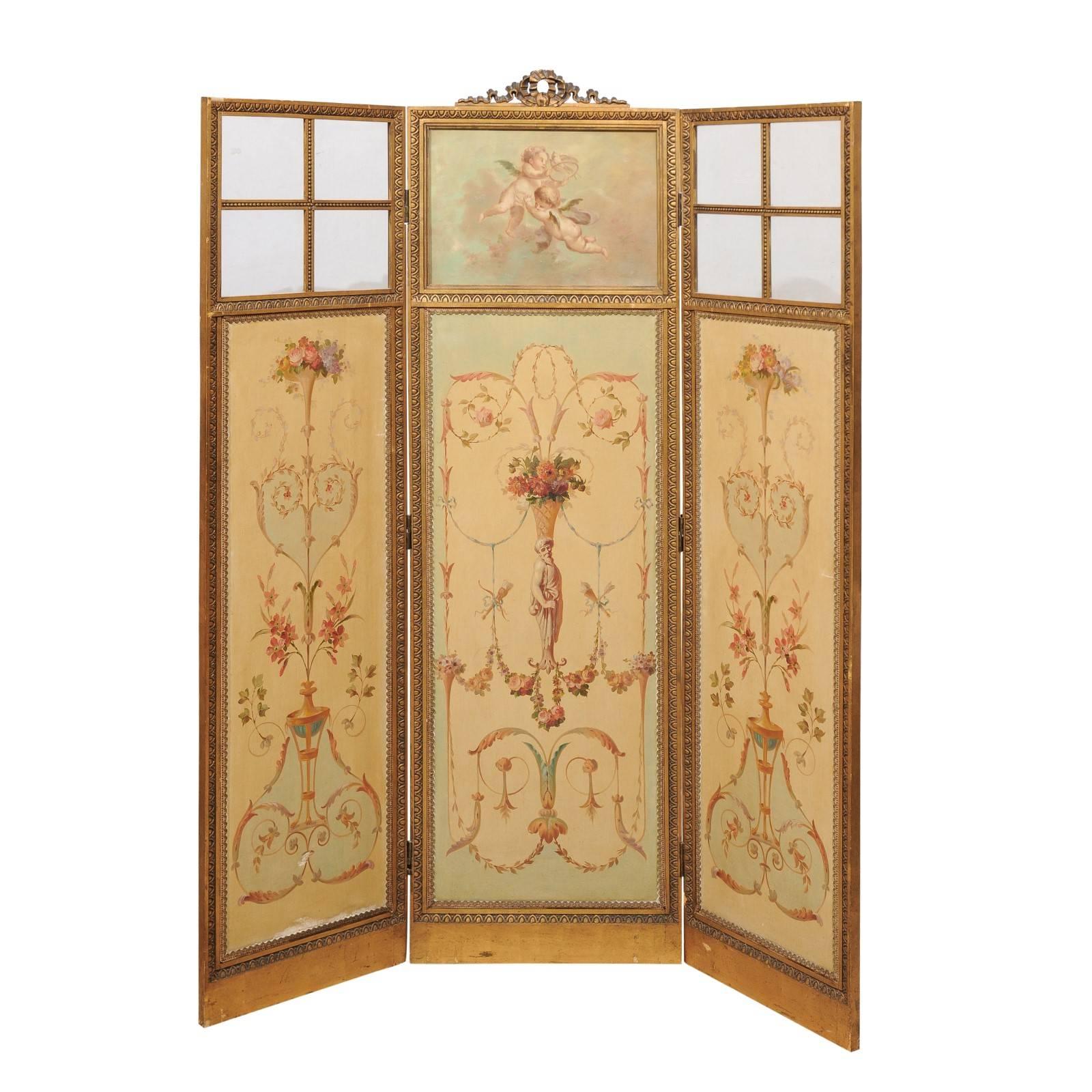 French Renaissance Revival Folding Three-Panel Screen with Hand-Painted Motifs