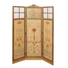 Antique French Renaissance Revival Folding Three-Panel Screen with Hand-Painted Motifs