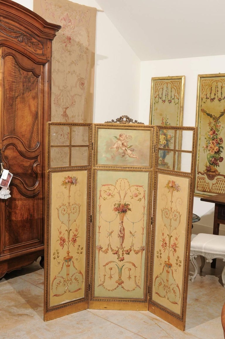French Renaissance Revival Folding Three-Panel Screen with Hand-Painted Motifs In Good Condition For Sale In Atlanta, GA