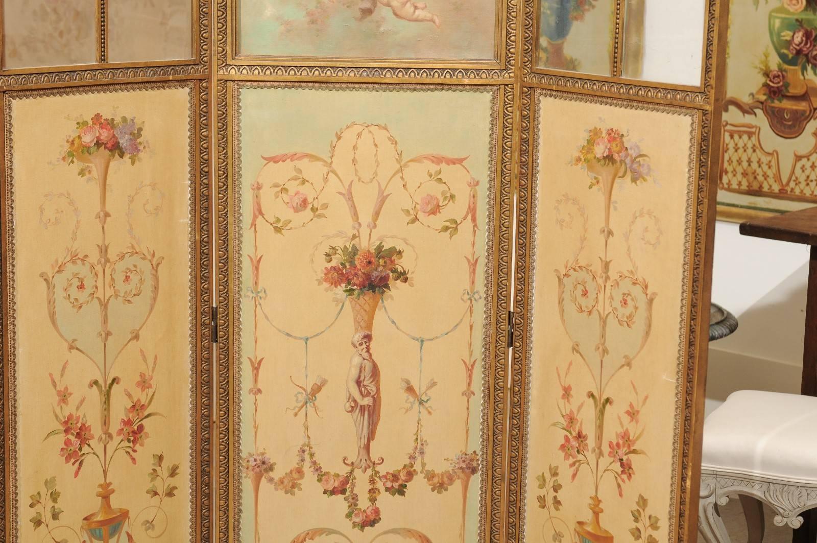 French Renaissance Revival Folding Three-Panel Screen with Hand-Painted Motifs For Sale 1