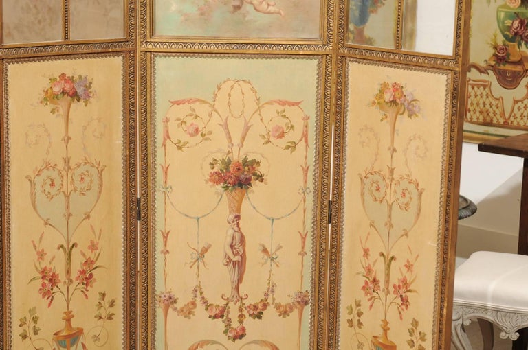 French Renaissance Revival Folding Three-Panel Screen with Hand-Painted Motifs For Sale 4