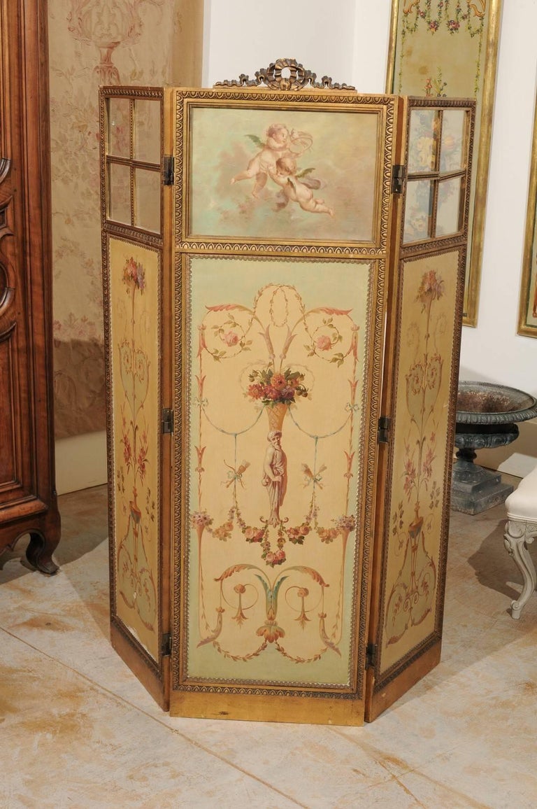 French Renaissance Revival Folding Three-Panel Screen with Hand-Painted Motifs For Sale 5
