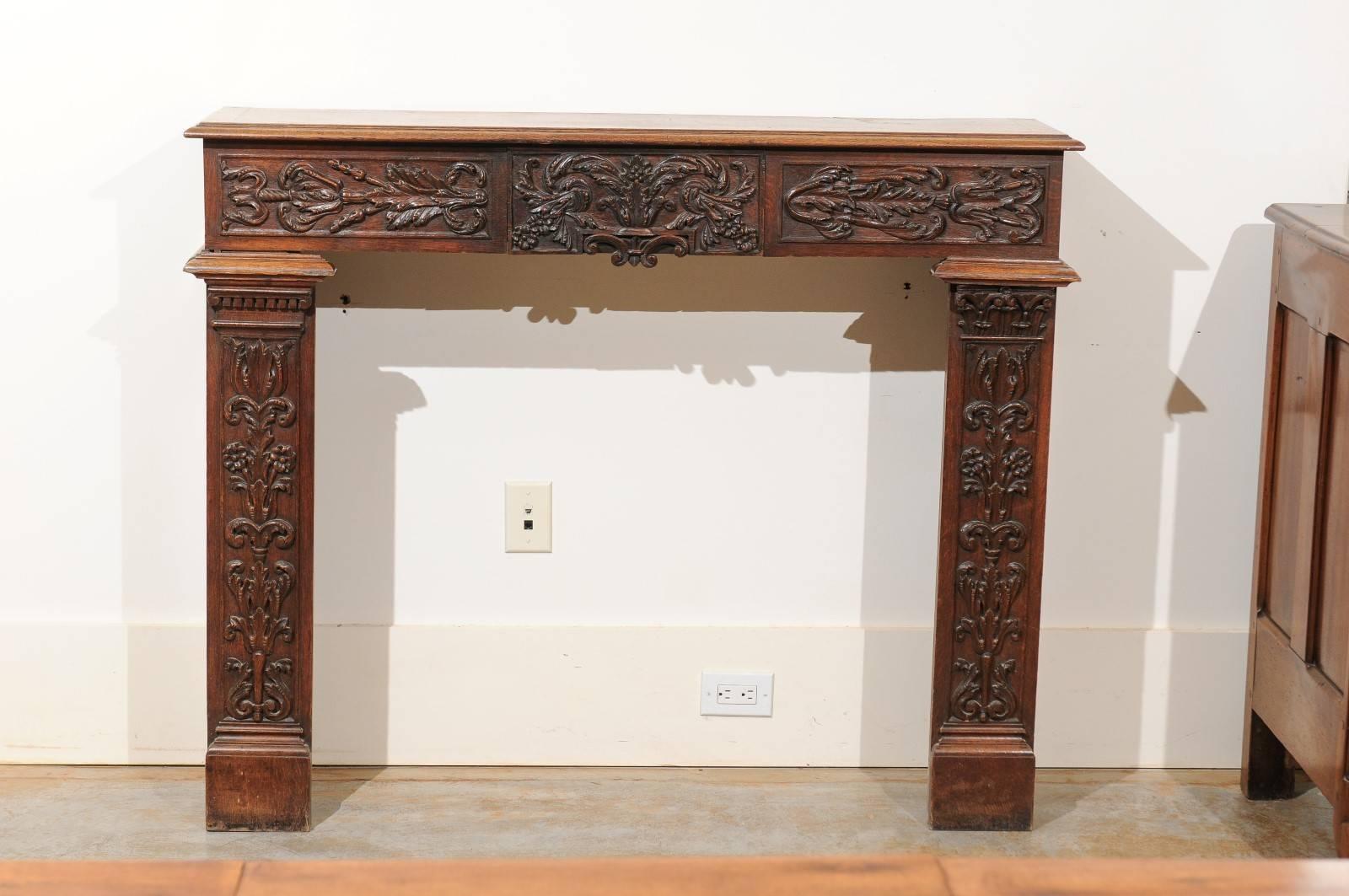 French 1880s Renaissance Revival Carved Wood Fireplace Mantel with Drawers In Good Condition In Atlanta, GA