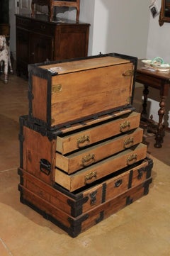 English Wooden Steamer Trunk with Iron Banding and Multiple Compartments