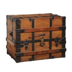 Vintage English Wooden Steamer Trunk with Iron Banding and Multiple Compartments