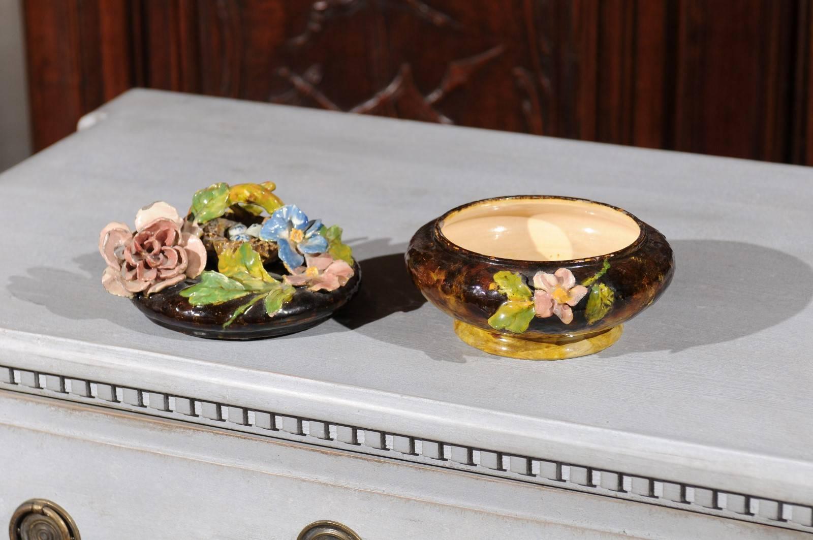 Ceramic French 19th Century Barbotine Covered Bowl with Floral Décor and Bird's Nest For Sale