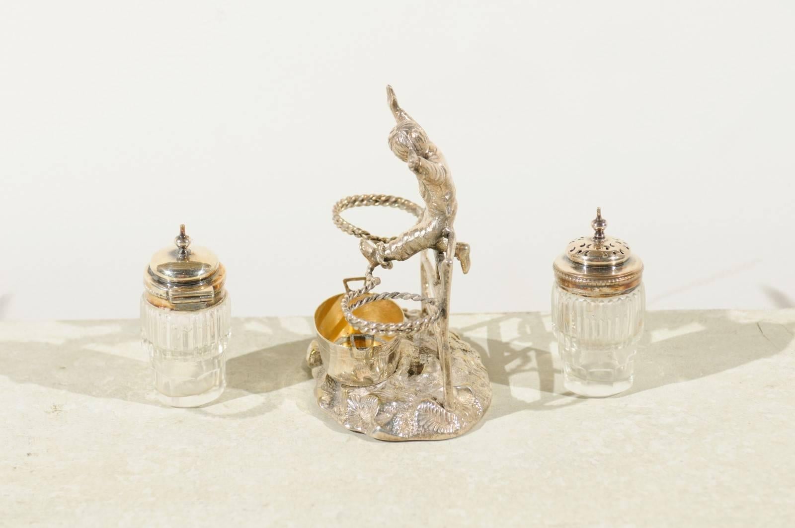 English Silver Plated Cruet Set of Young Boy Leaping in the Air, circa 1873 For Sale 3
