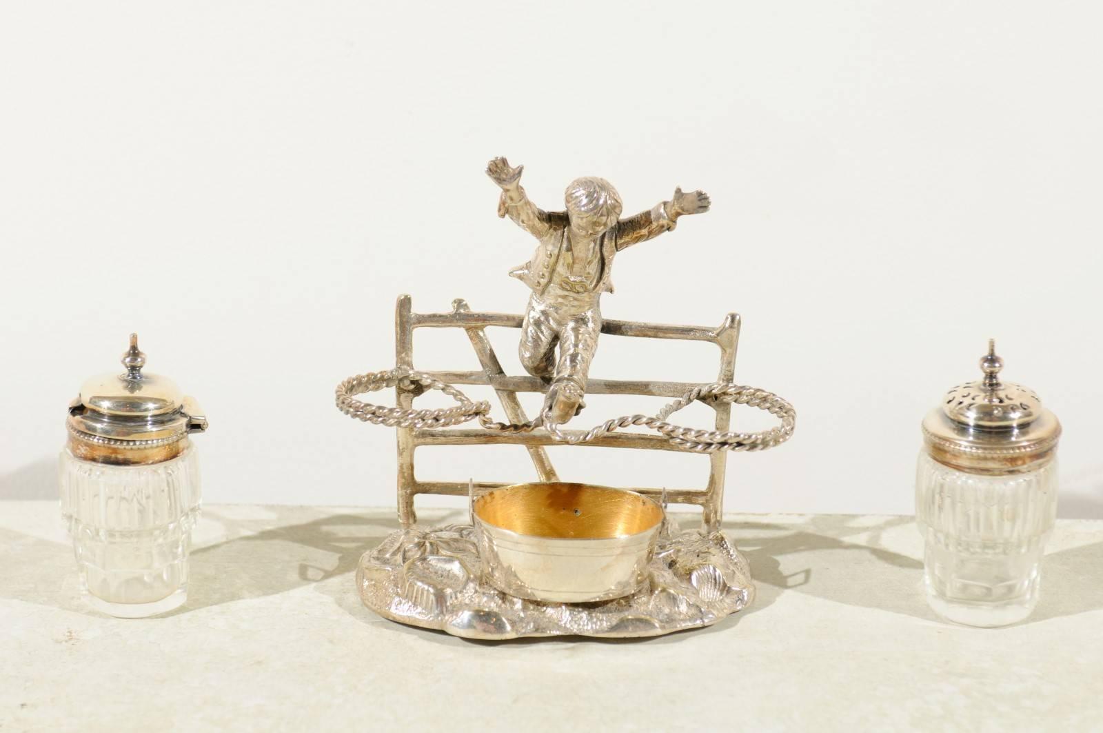 English Silver Plated Cruet Set of Young Boy Leaping in the Air, circa 1873 For Sale 2