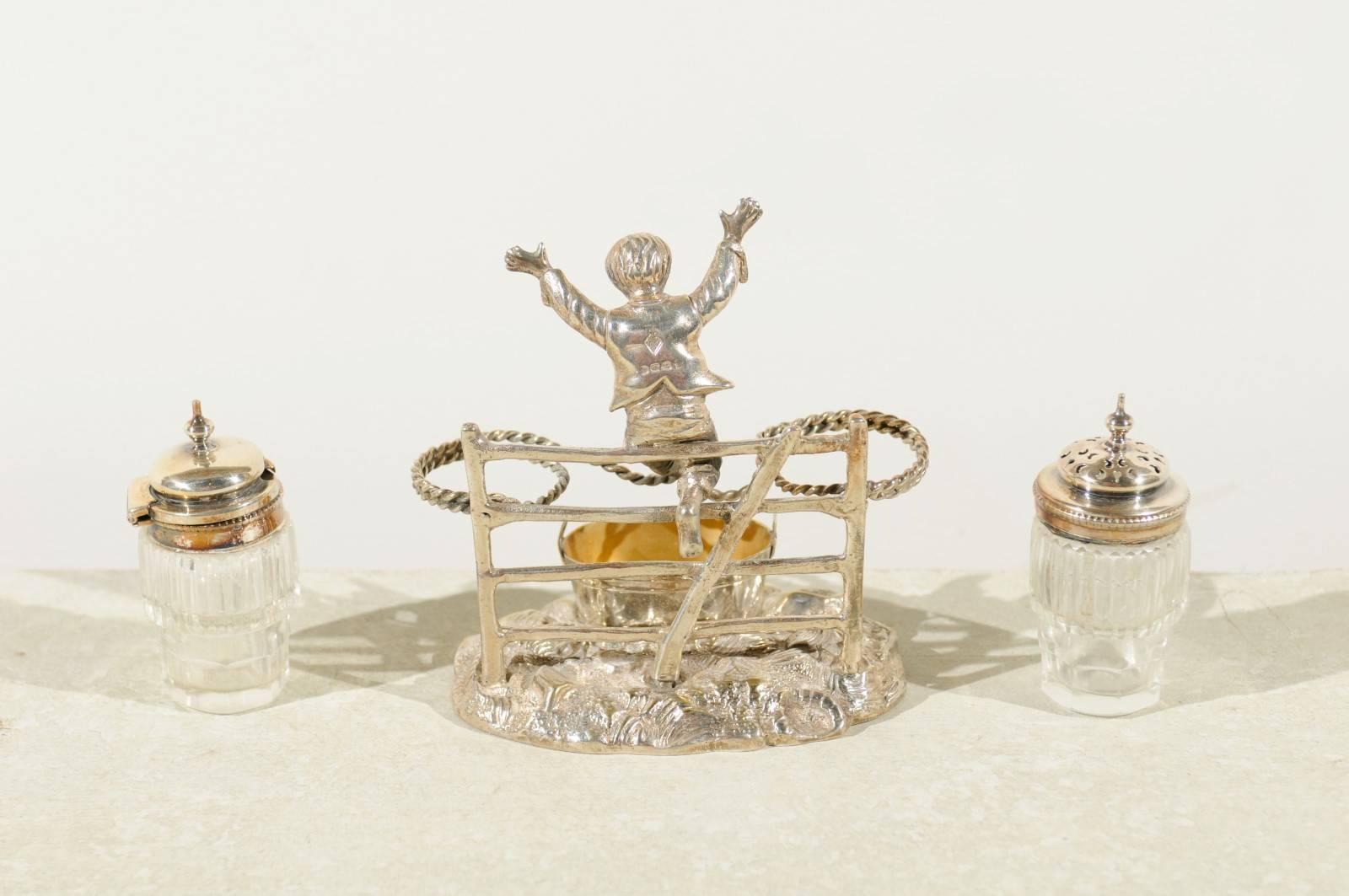 English Silver Plated Cruet Set of Young Boy Leaping in the Air, circa 1873 For Sale 4