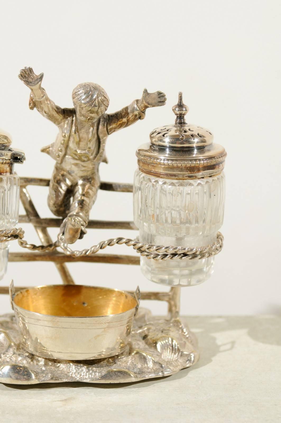 English Silver Plated Cruet Set of Young Boy Leaping in the Air, circa 1873 For Sale 1