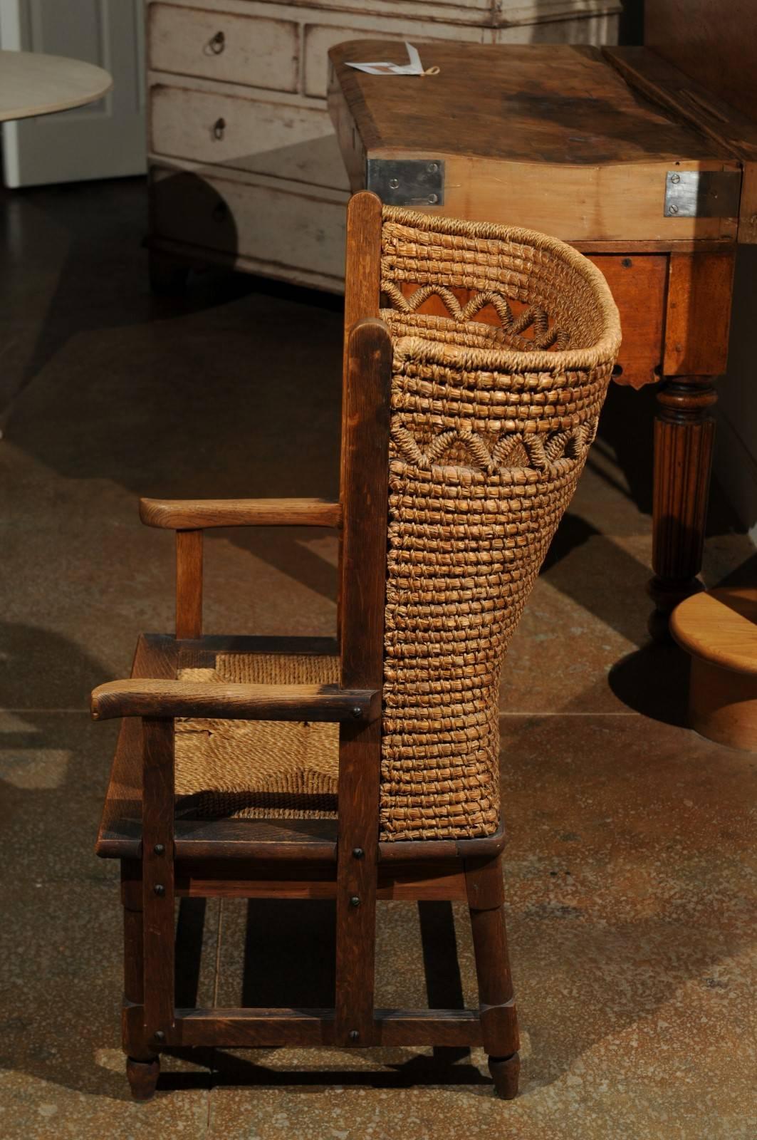 Rustic 19th Century Scottish Orkney Chair with Handwoven Straw Back and Zigzag Patterns