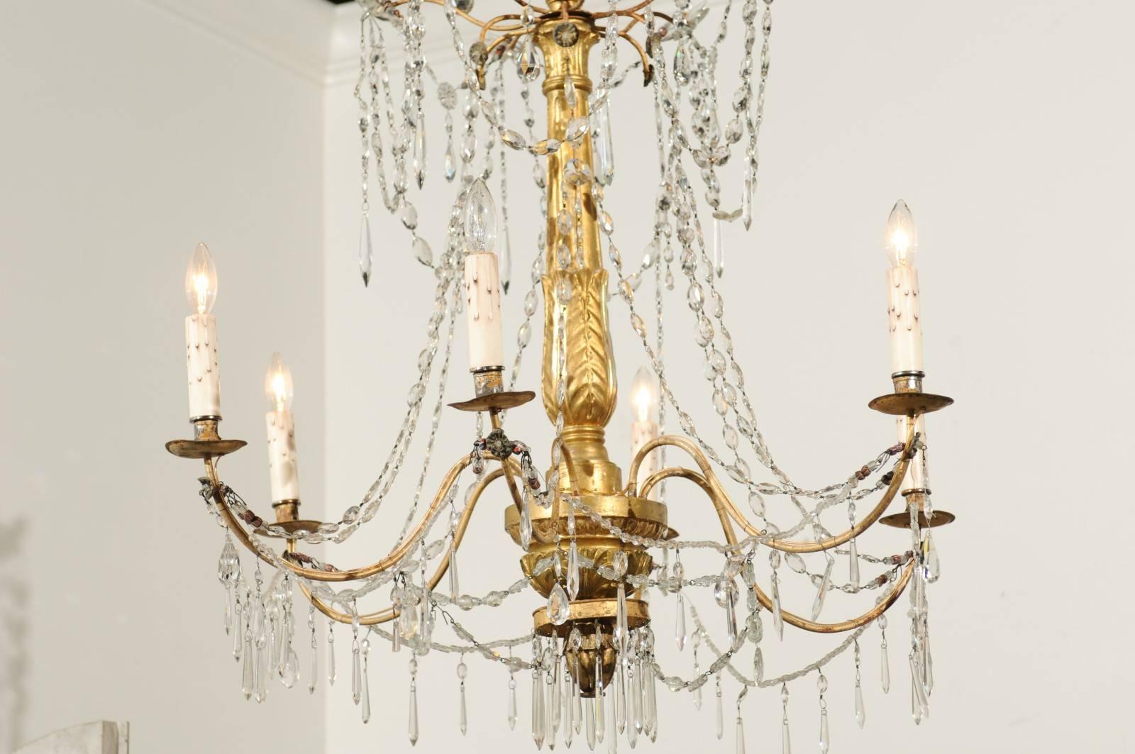 19th Century Tall Italian 1850s Chandelier with Giltwood Column and Waterfall Crystals