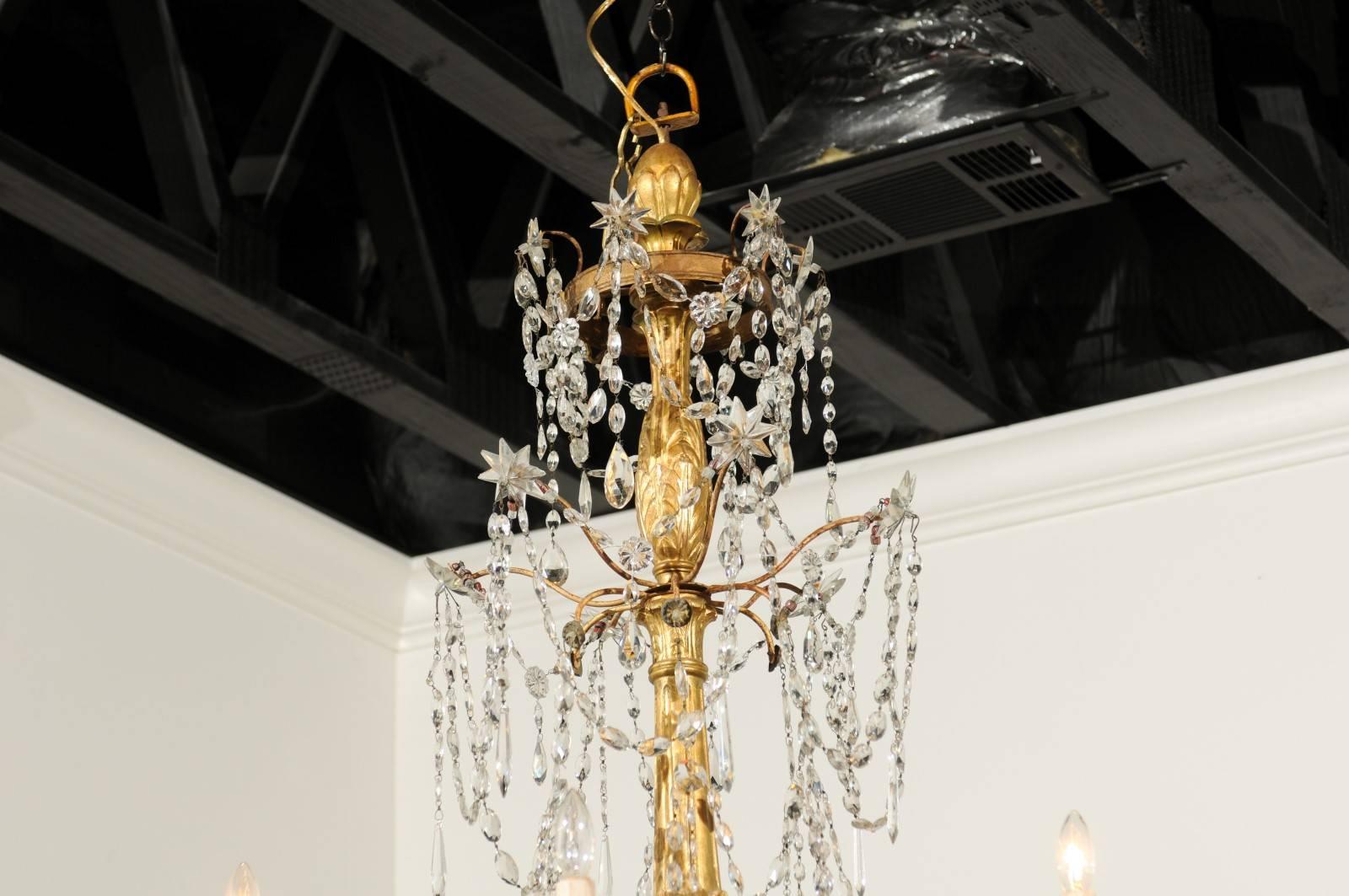 Tall Italian 1850s Chandelier with Giltwood Column and Waterfall Crystals In Good Condition In Atlanta, GA